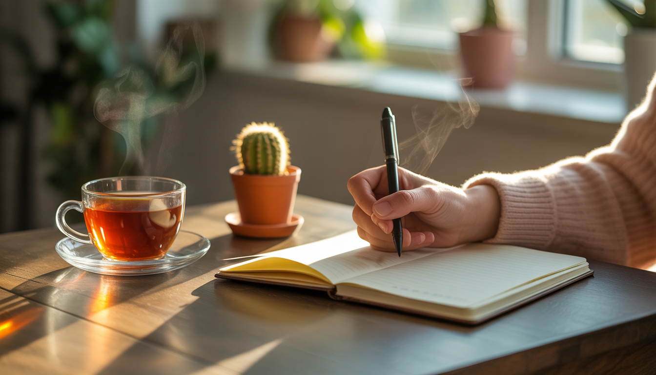 Main écrivant dans un journal sur une table en bois avec tasse de thé fumante et petit cactus