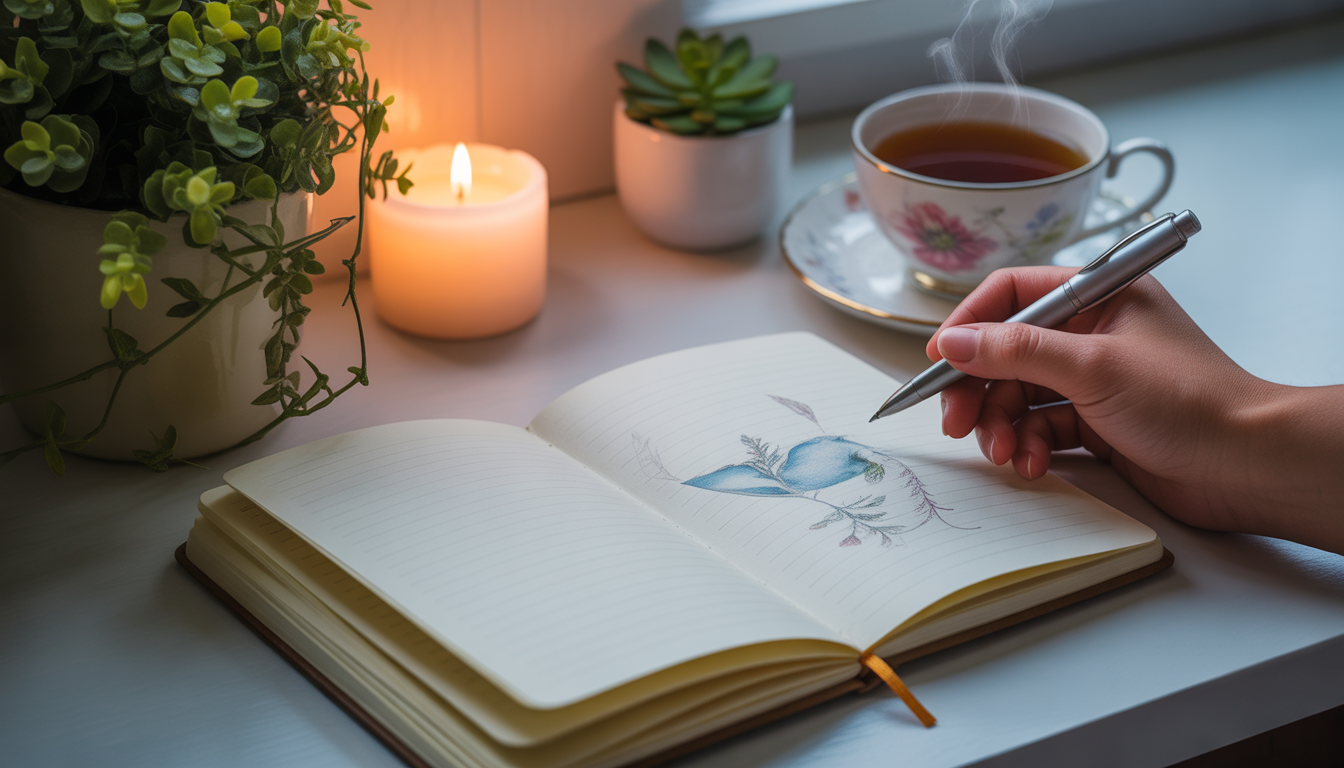 Main tenant un stylo au-dessus d’un journal ouvert avec dessins apaisants, tasse de thé fumante, plante verte et bougie allumée