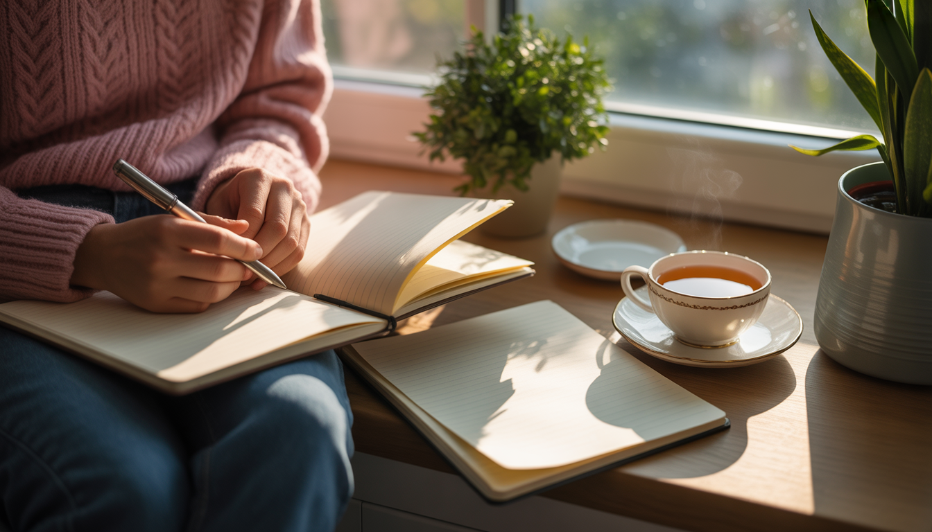 Personne assise près d'une fenêtre ensoleillée avec carnet et thé