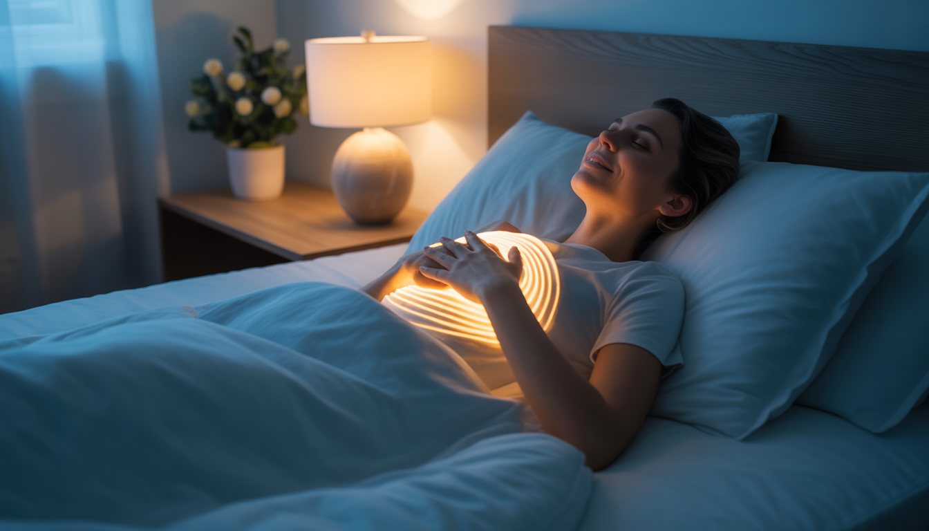 Personne allongée paisiblement dans un lit, mains sur le cœur, lumière douce de la lune Image
