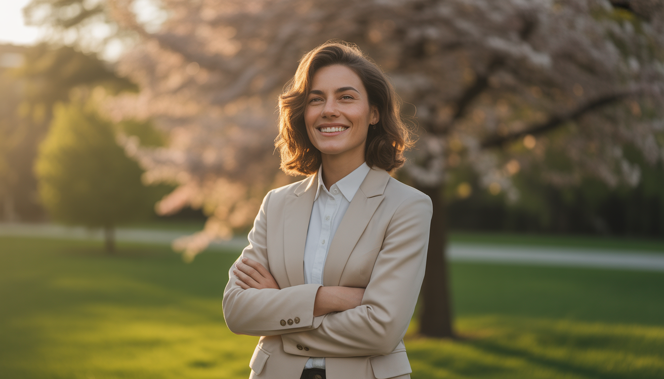 Personne souriante debout dehors près d’un arbre en fleurs