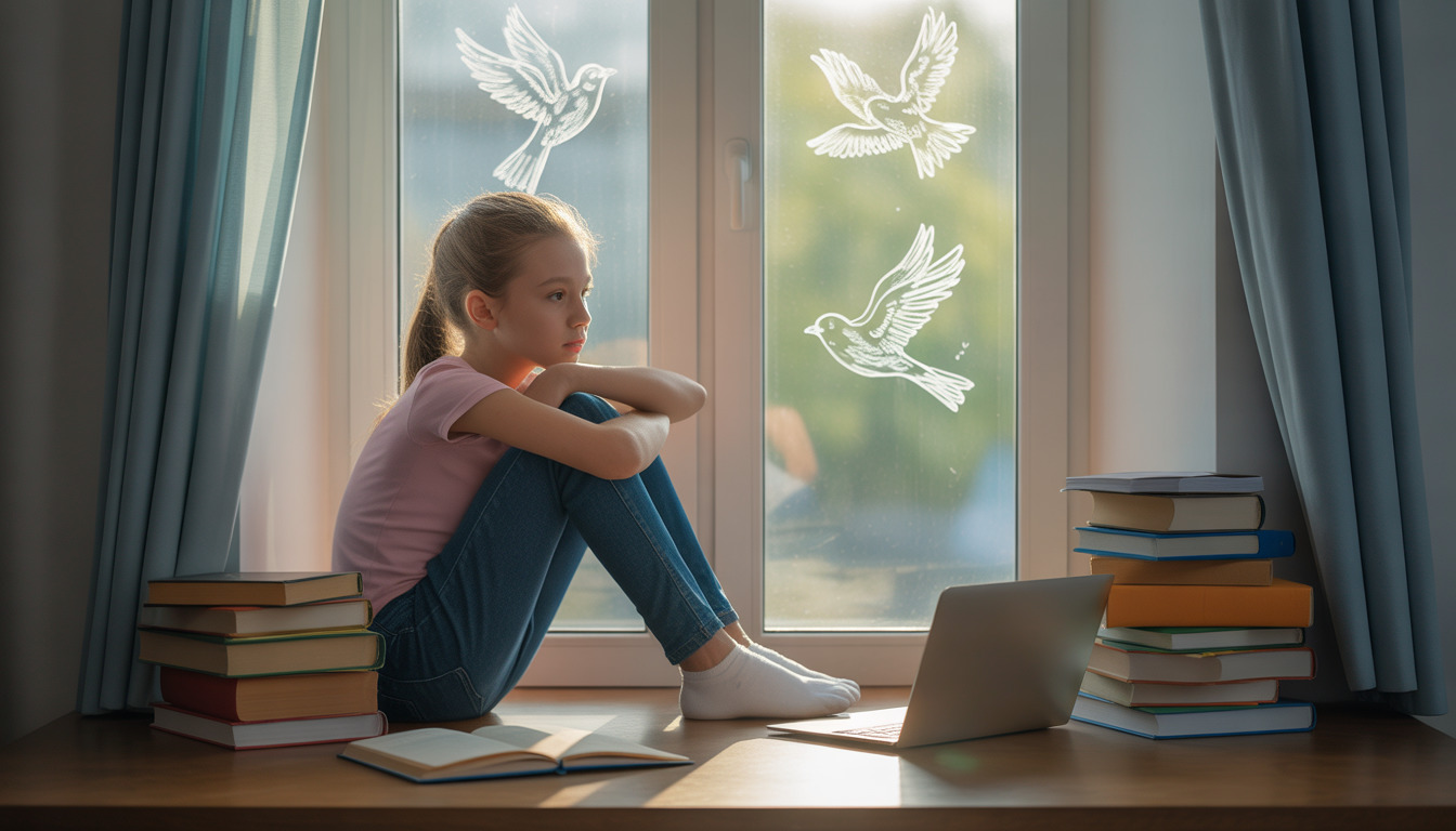 Adolescent assis près d'une fenêtre, regard lointain, entouré de livres et d'un ordinateur portable, avec des dessins d'oiseaux sur la vitre