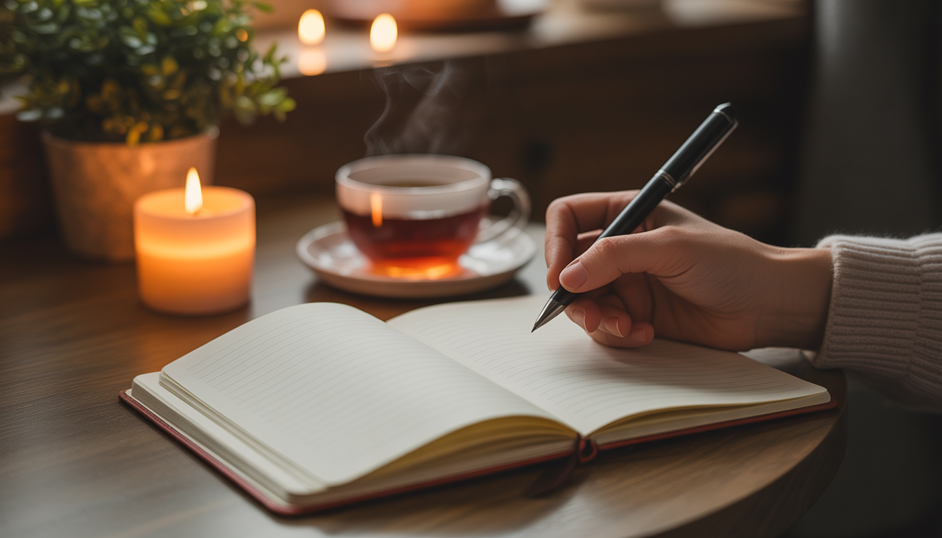Main écrivant dans un carnet ouvert sur une table en bois avec une bougie allumée et une tasse de thé fumante