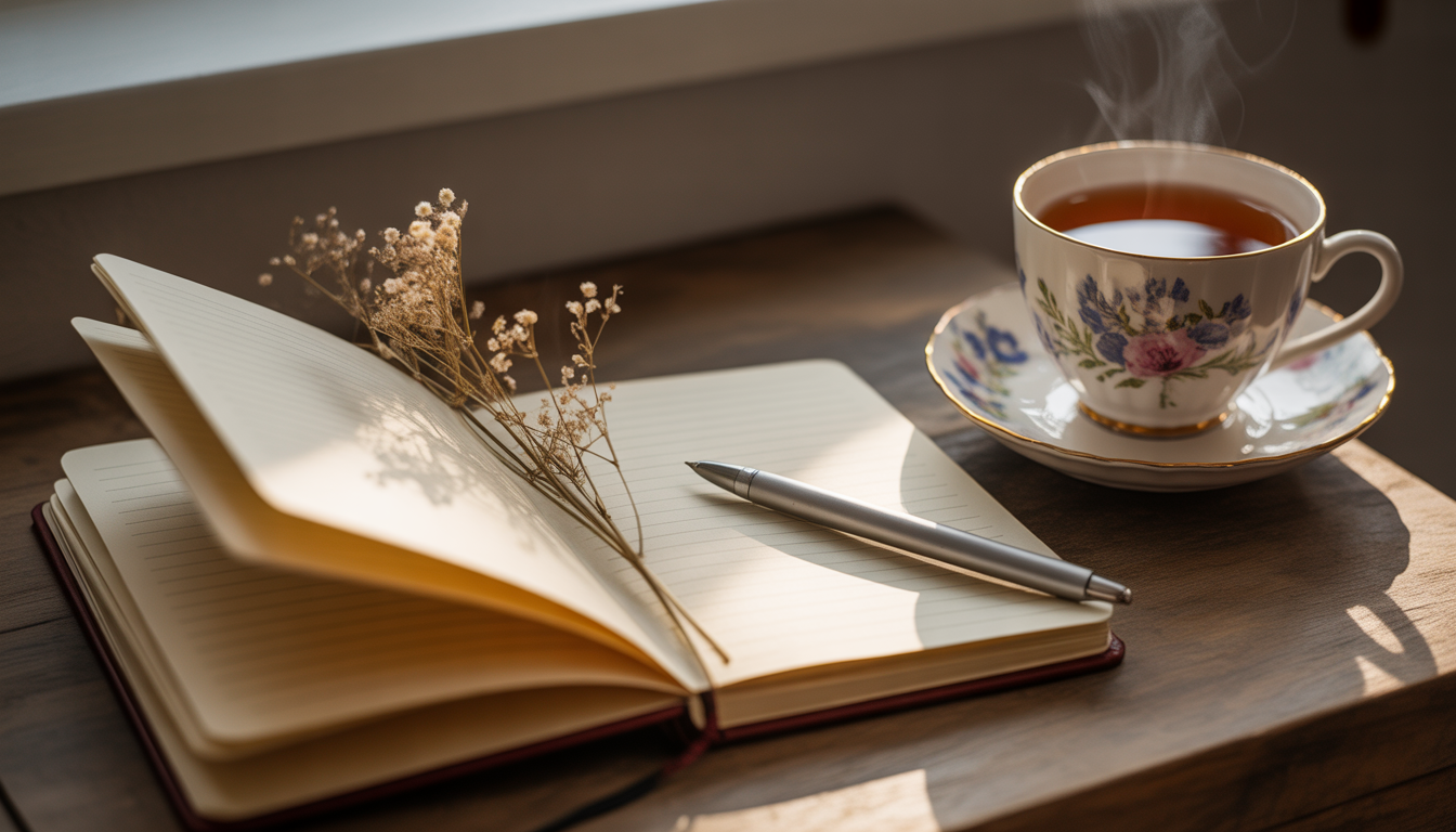 Carnet ouvert avec stylo, fleurs séchées et tasse de thé fumante sur une table en bois Image
