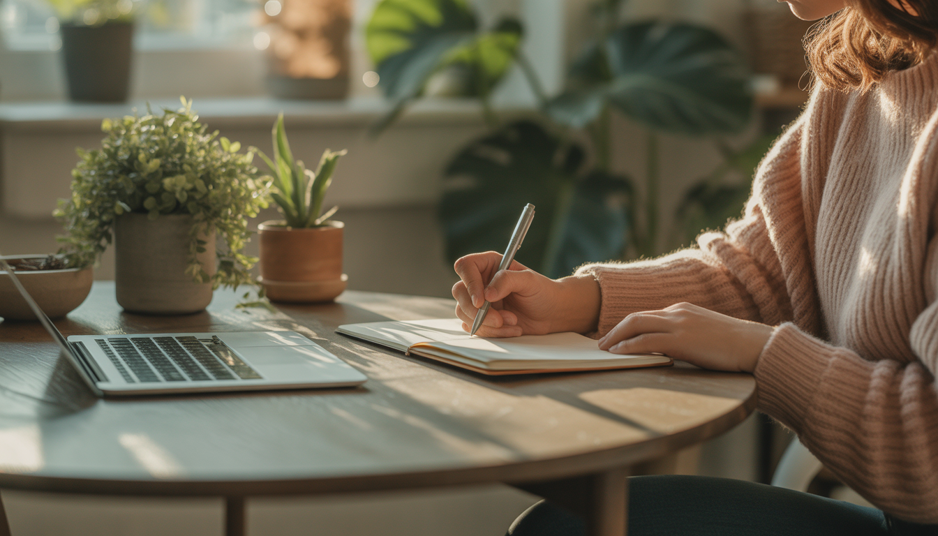 Person writing in a notebook at a wooden table in a cozy, plant-filled room with natural light