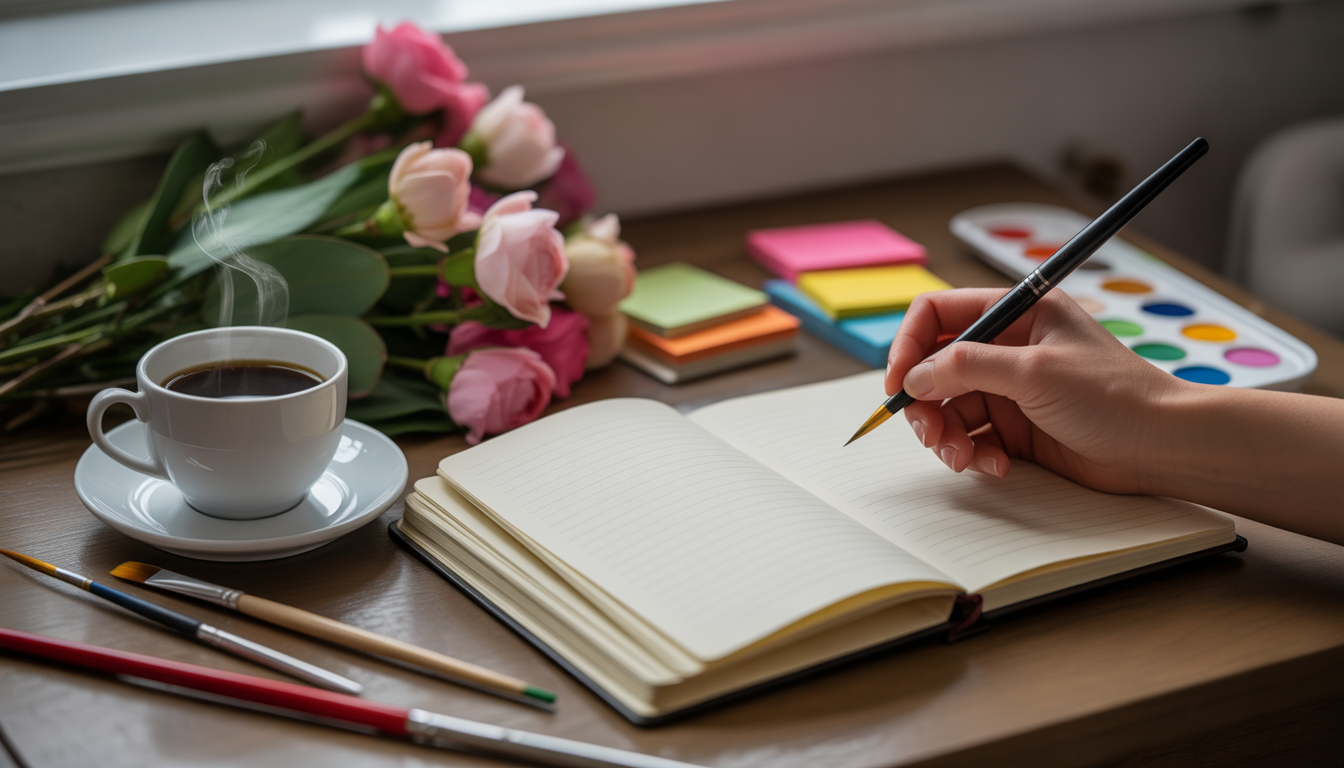 Main écrivant dans un journal sur une table en bois avec café fumant, fleurs fraîches et palette de peinture Image