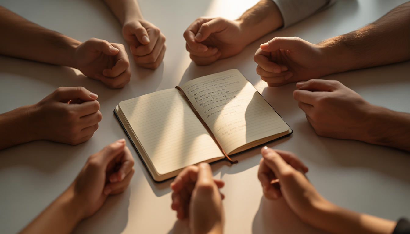 Photorealistic open notebook held by gentle hands with warm lighting Image