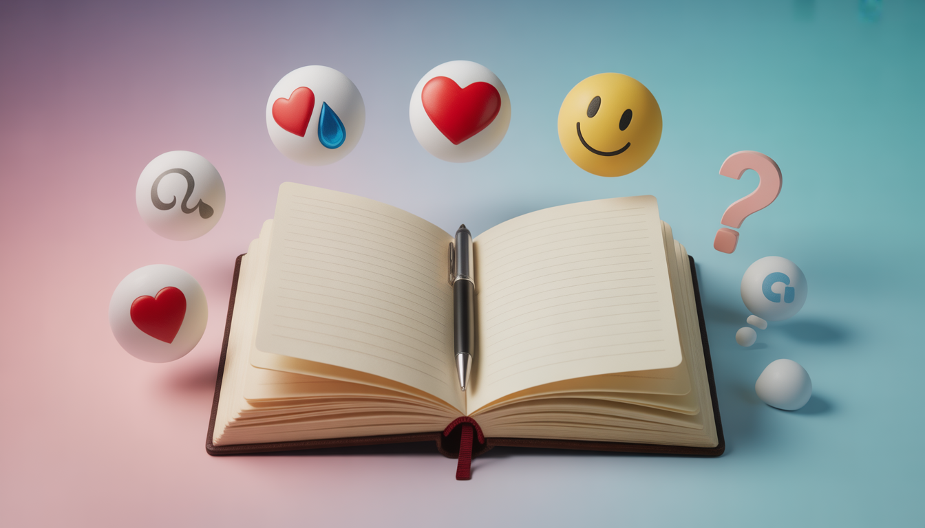 Journal ouvert avec stylo, symboles d’émotion pastel autour