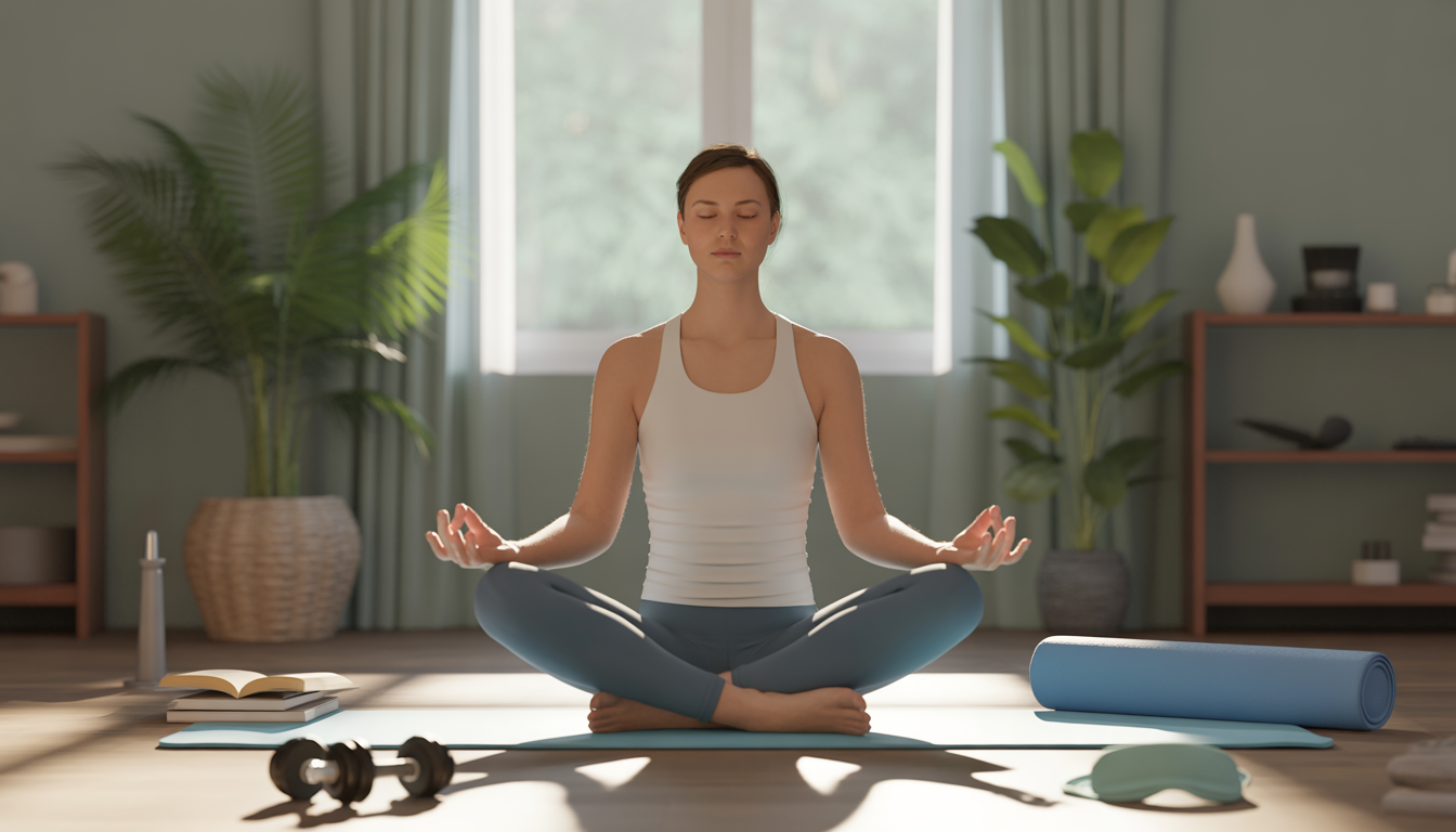 Personne méditant en position du lotus dans une pièce sereine avec des objets symbolisant des habitudes saines