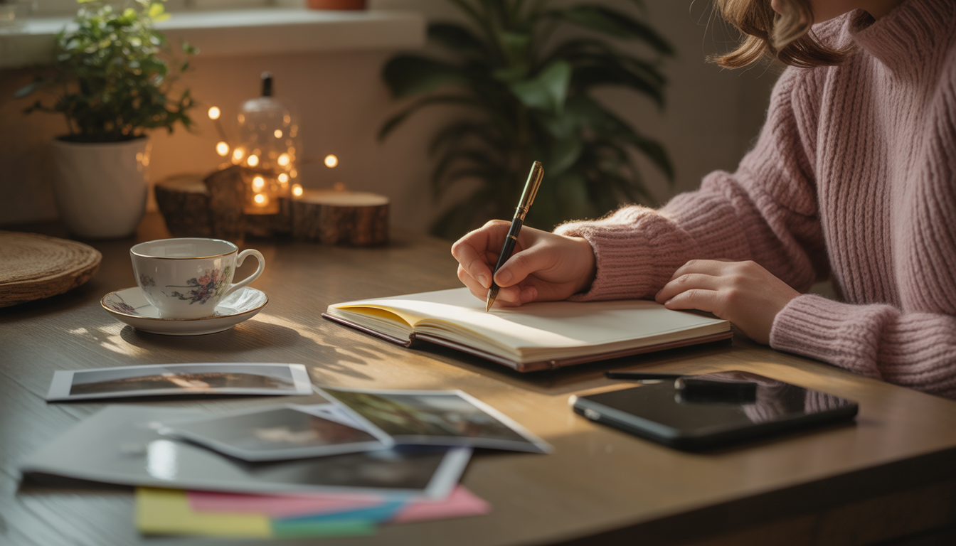 Personne écrivant dans un journal sur une table en bois avec tasse de thé et photos Image