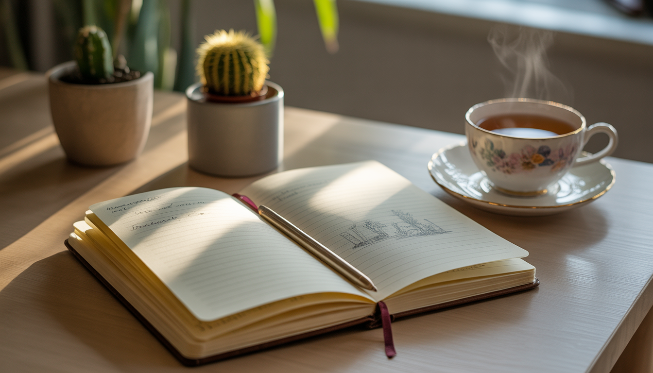Journal ouvert avec croquis, tasse de thé fumante et cactus Image