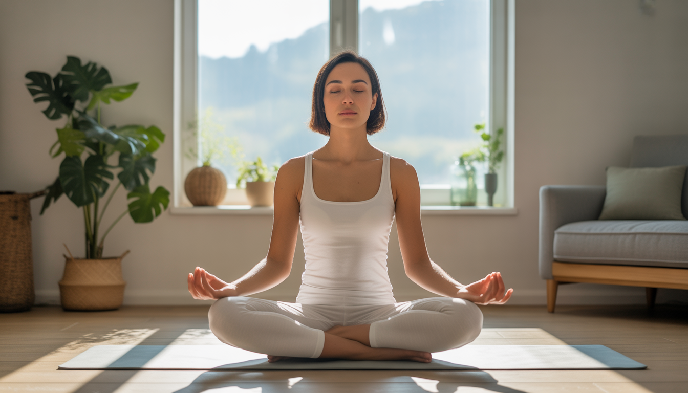 Personne méditant en position du lotus dans une pièce lumineuse et épurée