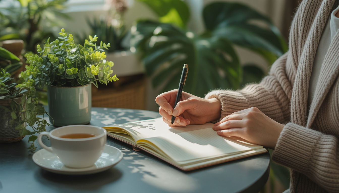 Personne écrivant dans un carnet à une table cosy entourée de plantes Image