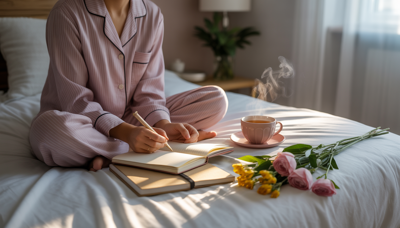 Woman in pajamas writing in journal at sunrise with tea and flowers Image