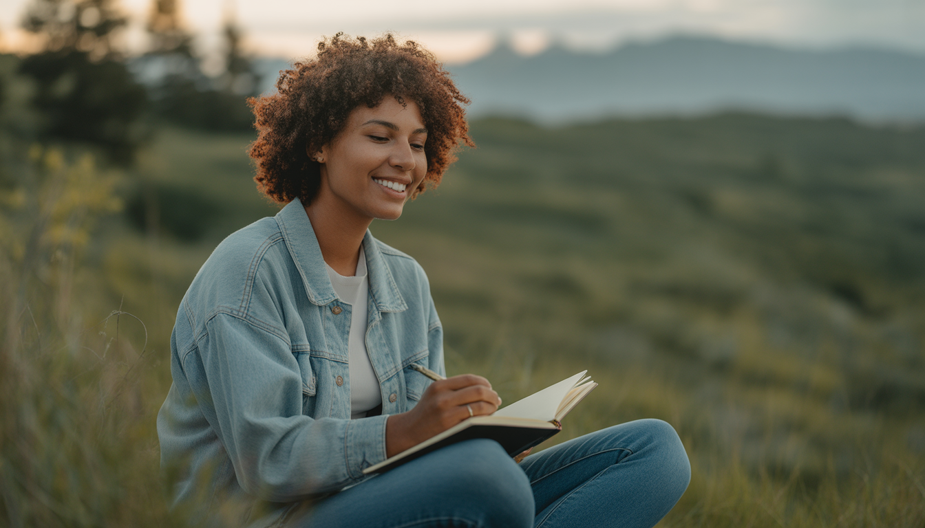 Personne souriante assise dans la nature, méditant ou écrivant Image