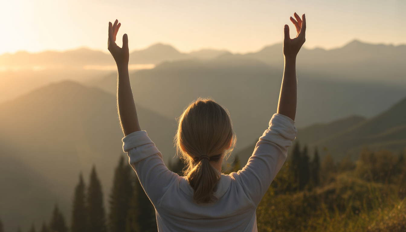 Peaceful woman meditating at sunrise with hands raised in mountain landscape Image